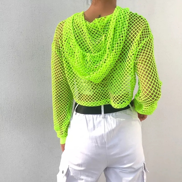 Fishnet Crop Top Shrug Cyber Hoodie Goth Neon Top - Picture 2 of 9